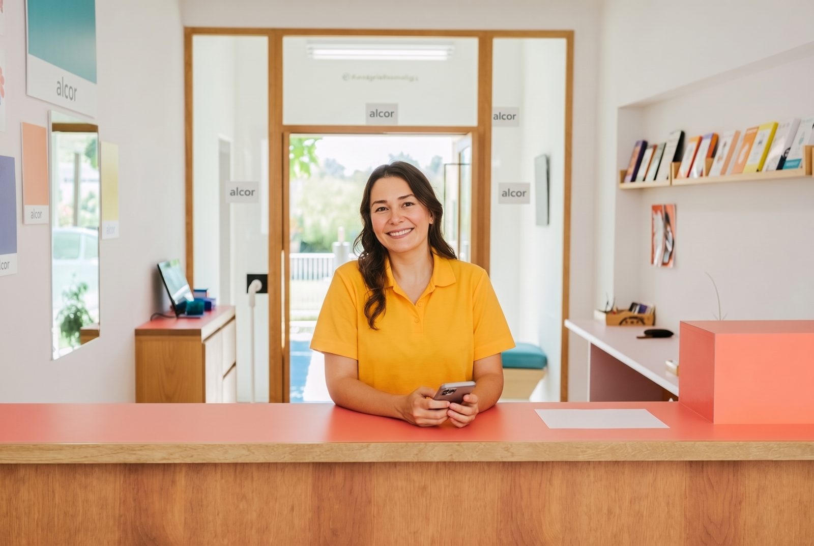Recepcionista de Alcor sonriendo detrás del mostrador