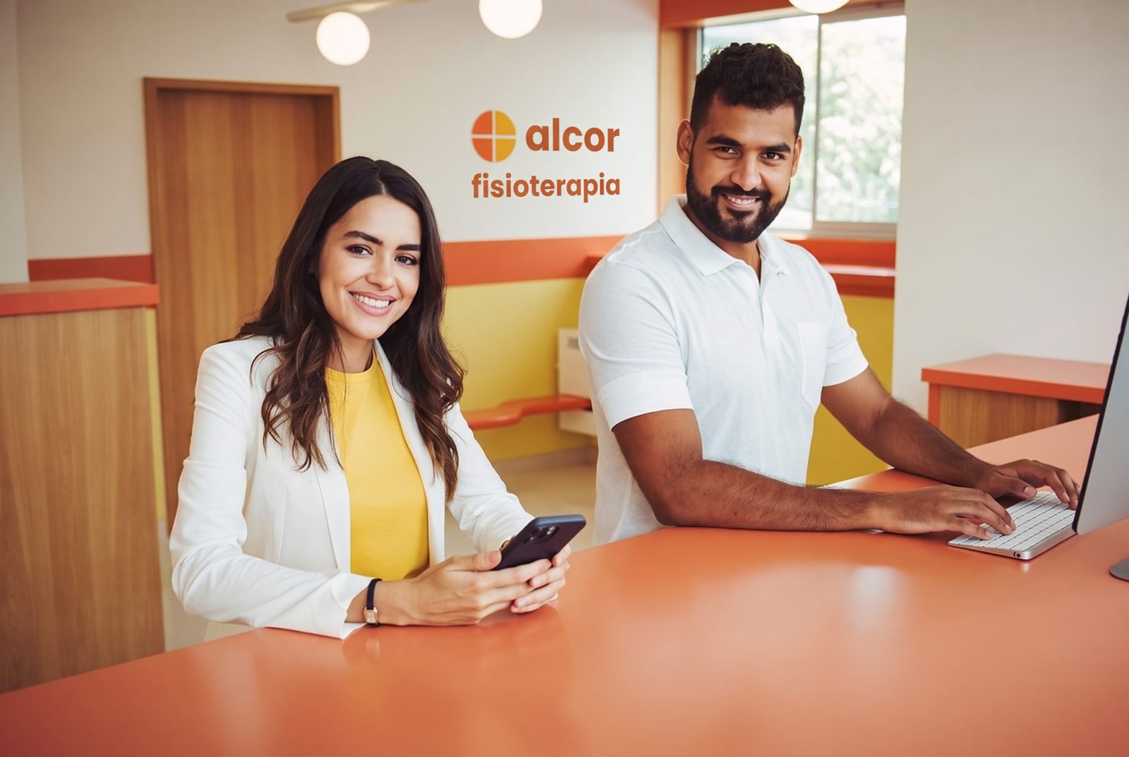 Recepcionistas de Alcor atendiendo mensajes de WhatsApp en el mostrador