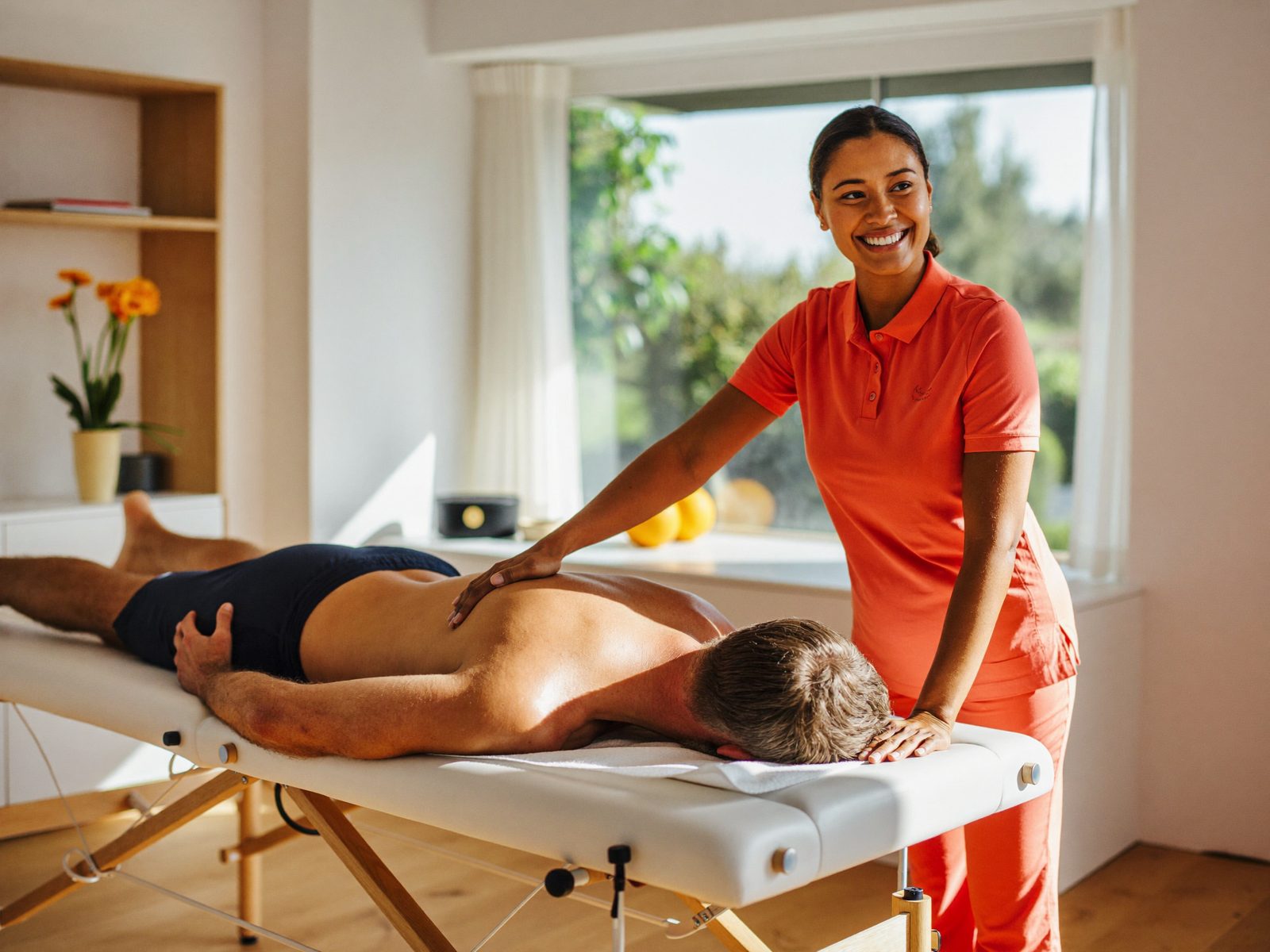 Fisioterapeuta de Alcor tratando la espalda de un paciente en una cabina luminosa