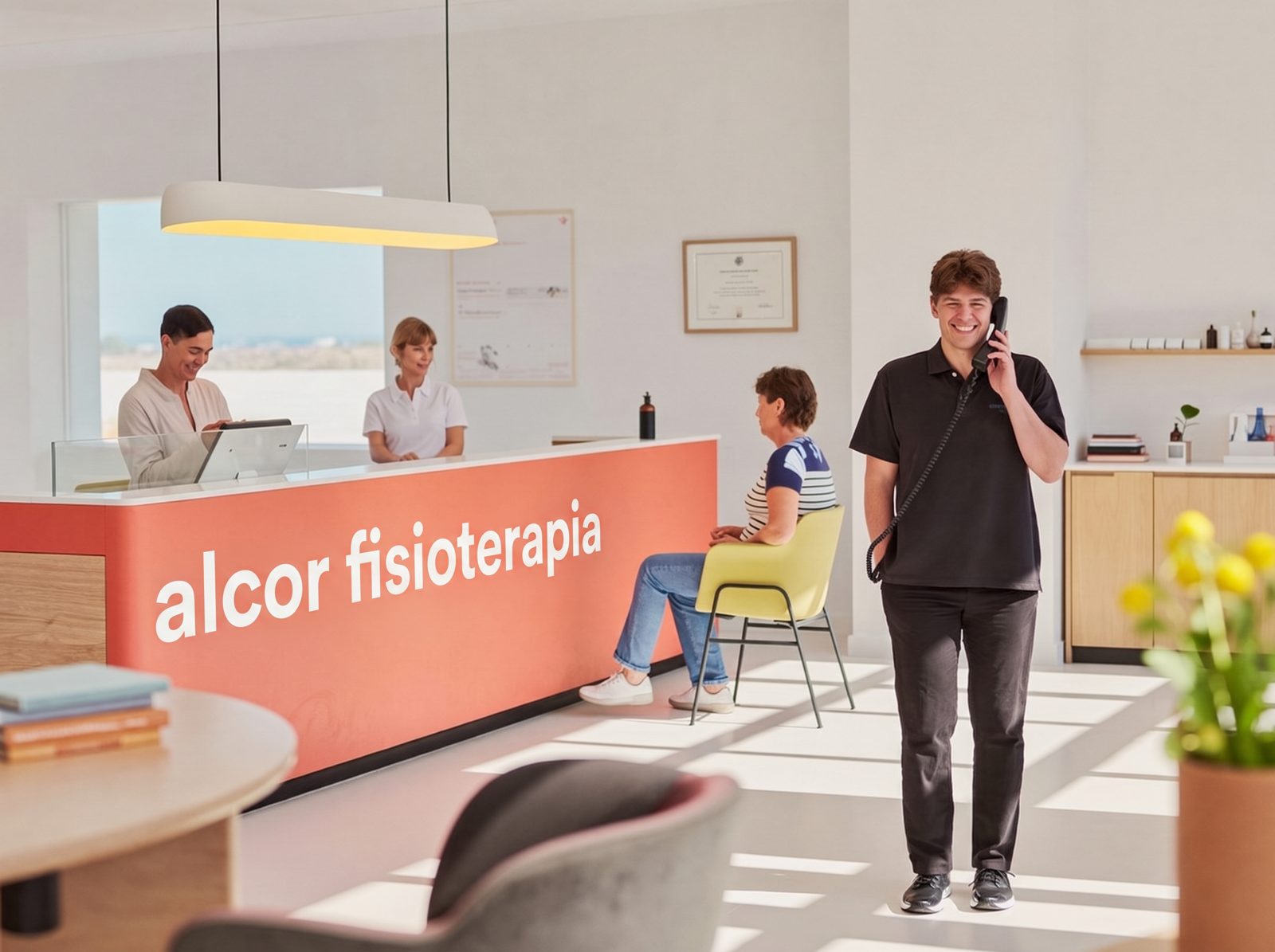 Recepción amplia y luminosa de Alcor Fisioterapia con pacientes esperando